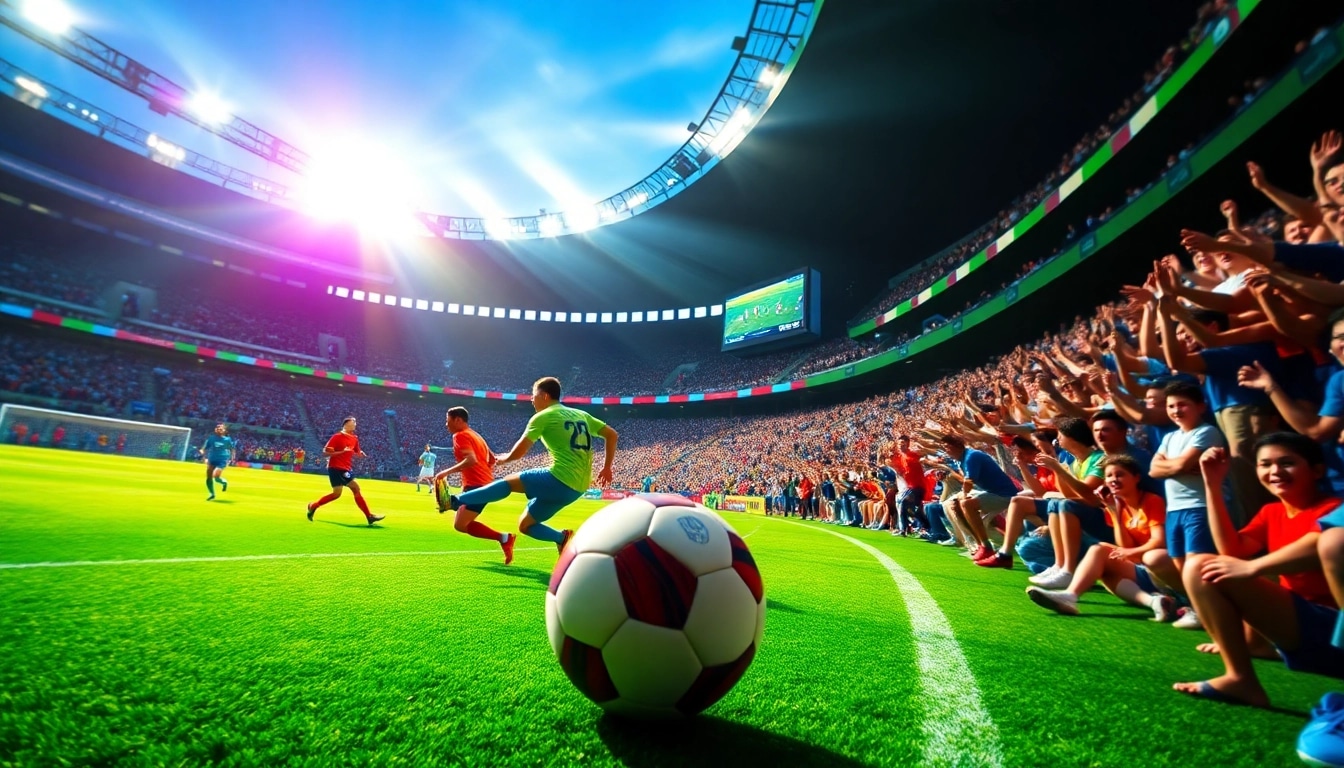Exciting soccer match broadcast on OKWINTV, showing players in action with a cheering crowd.