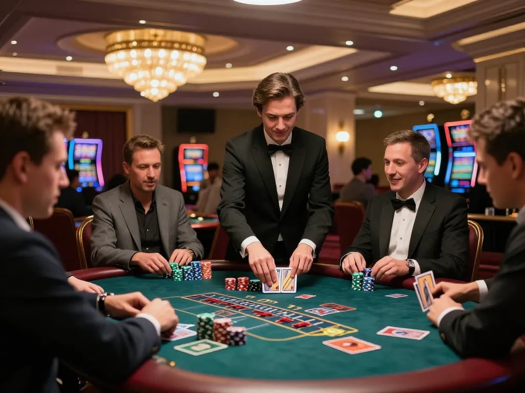 Players đăng ký bets at an exciting blackjack table in a luxurious casino environment.