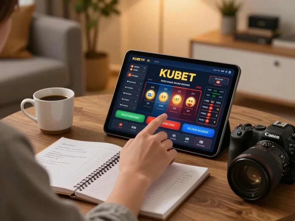 KUBET gaming session with a user strategizing on a tablet while enjoying a cozy home atmosphere.