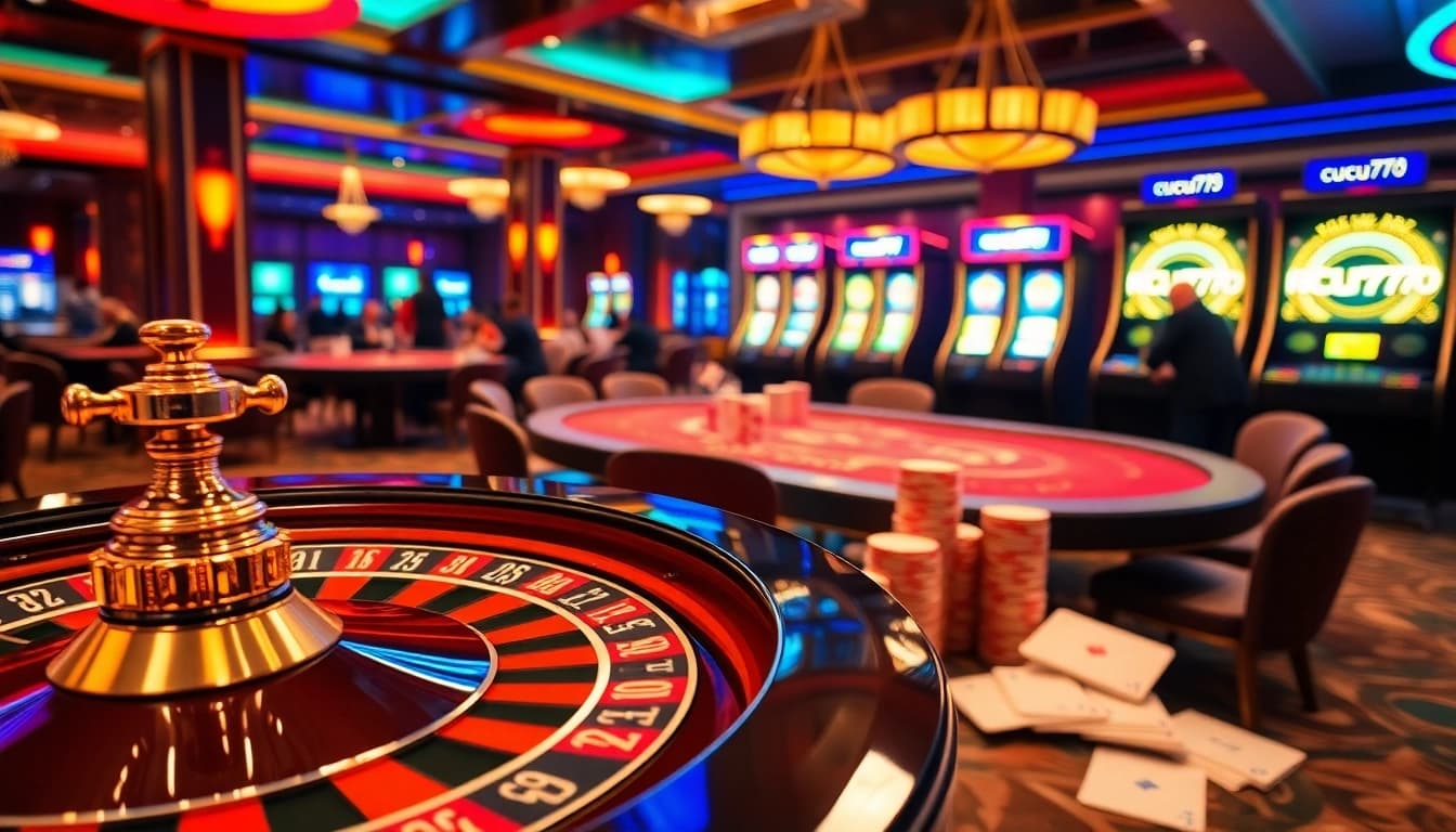 Experience the thrill of gambling with cucu777 at an exciting casino featuring roulette and poker games.