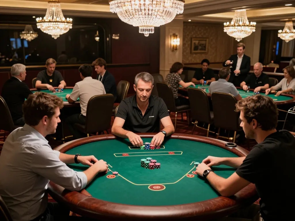 Players engaged in poker games at luxury casino, showcasing excitement and strategies on trang chủ rr88