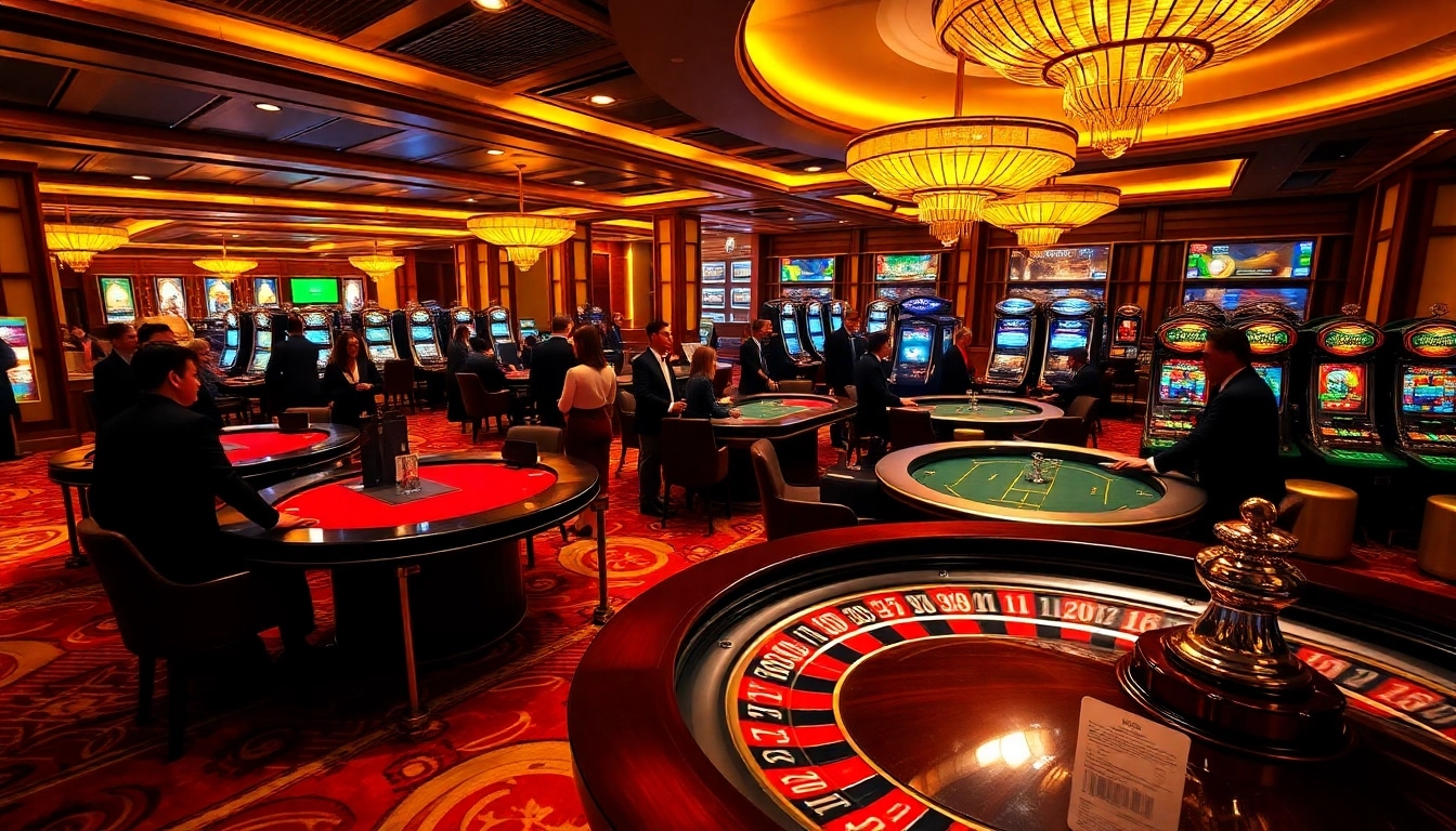 A thrilling casino experience at https://bong88.casino/ with players enjoying poker and slot machines in a luxurious setting.
