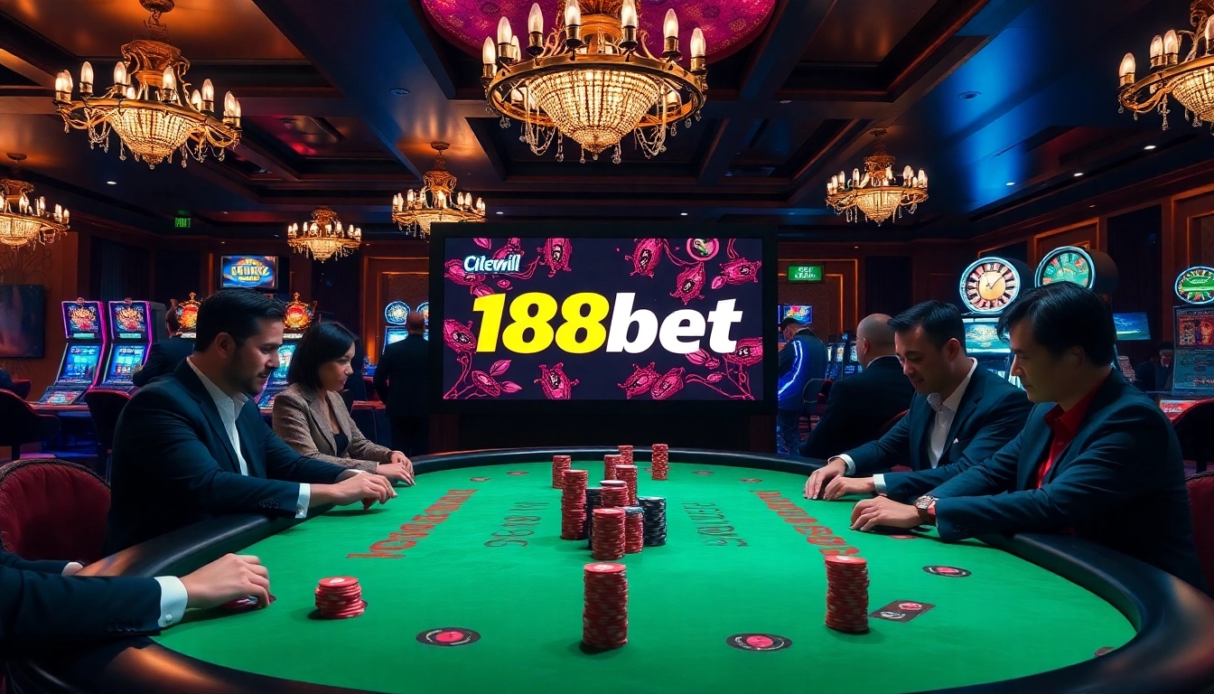 Experience high-stakes poker at 188bet in a luxurious casino backdrop.