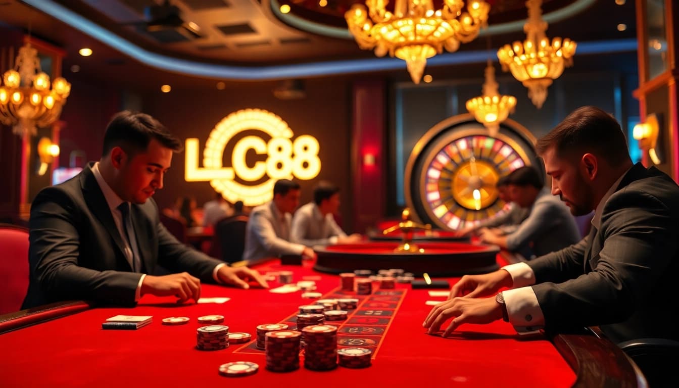 Exciting casino gameplay at LC88, featuring vibrant tables, chips, and players in action.