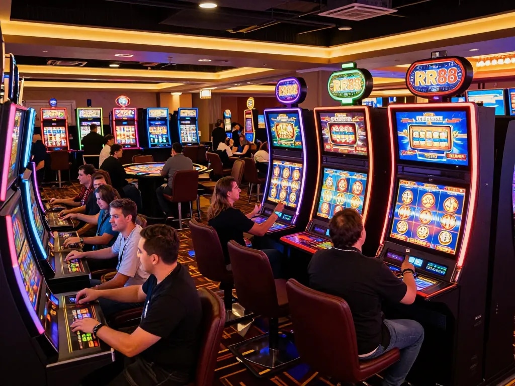 Players enjoying vibrant slot games at RR88 casino with engaging digital displays.