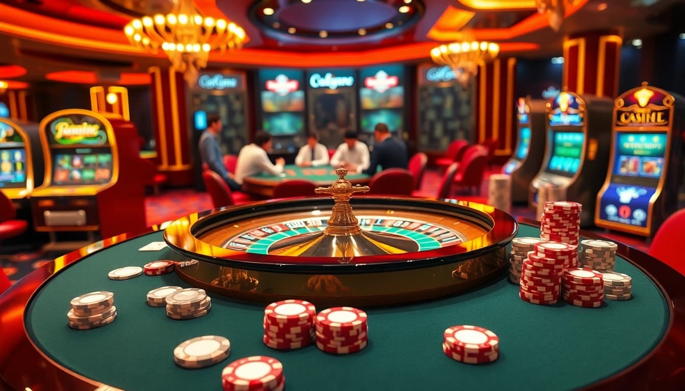 Experience the thrill of https://kong88.win with a vibrant casino scene filled with roulette tables and poker chips.