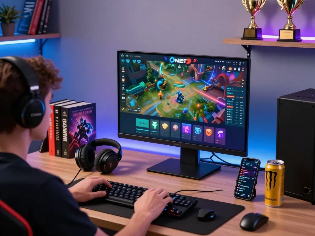 Engage with Onbet at a modern gaming setup with vibrant graphics, accessories, and cozy atmosphere.