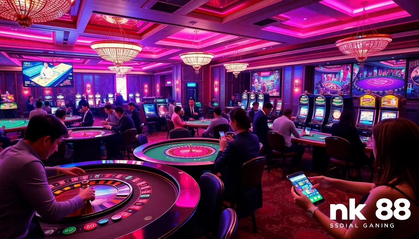 Players enjoying nk88 games at a luxurious casino, with vibrant roulette and blackjack tables.