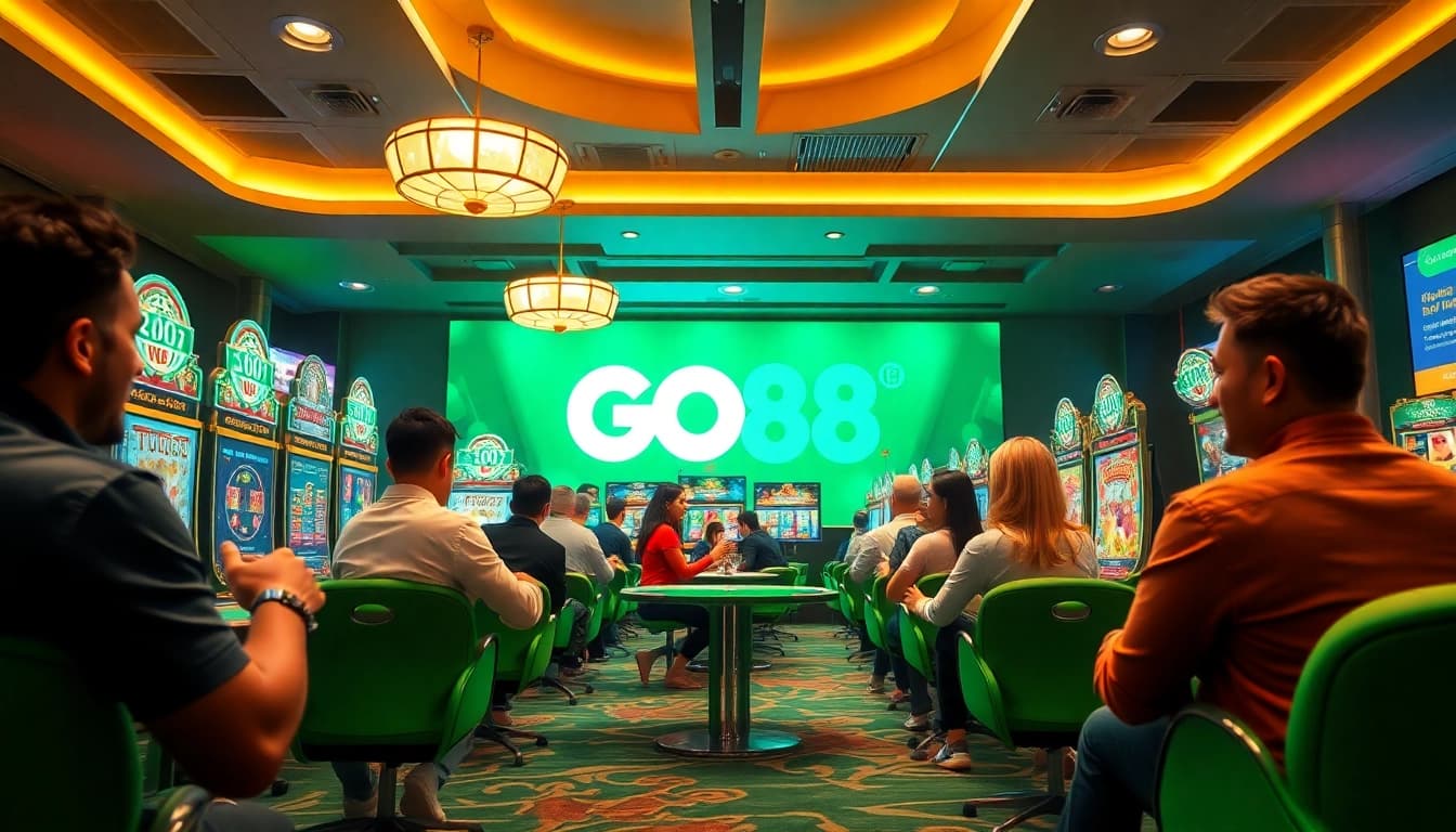 GO88 gaming experience with diverse players, vibrant colors, and engaging games.