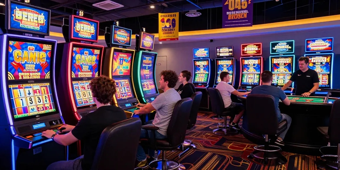 Excited players engaging at new UK slot sites, vibrant machines and live game tables create an immersive experience.