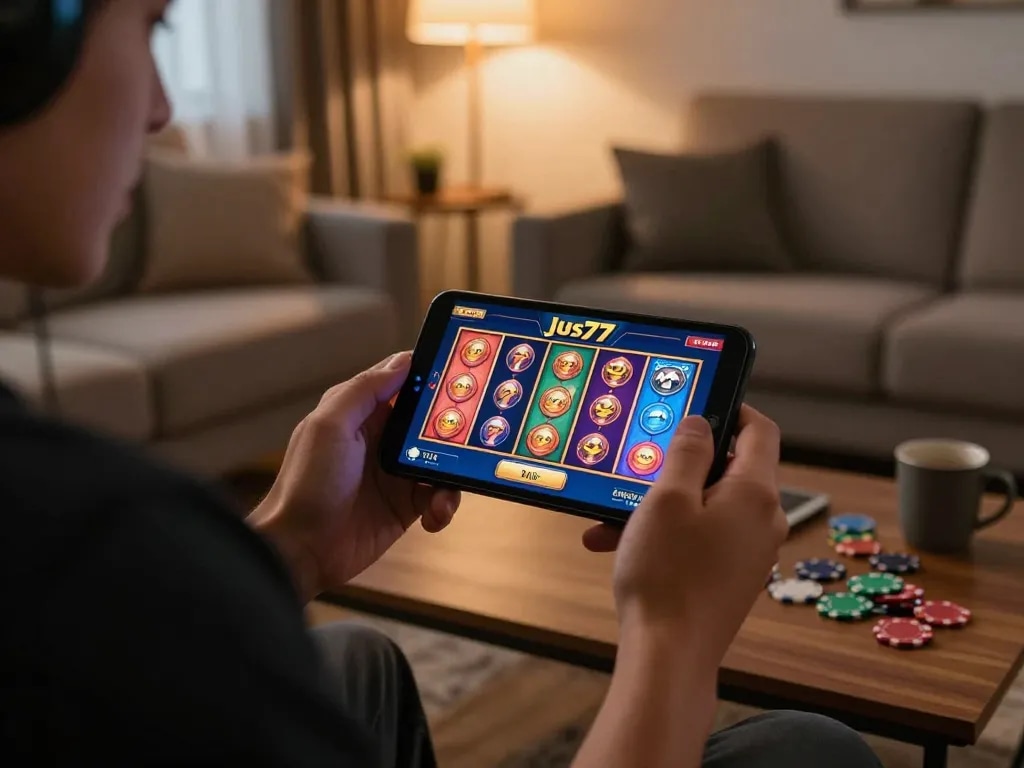 Gamer engaging with jus77 online casino on mobile device in a cozy living room setting.