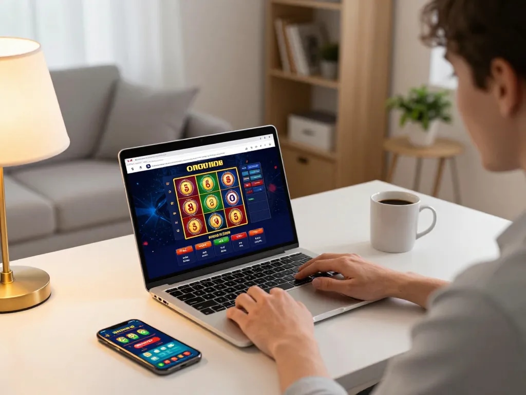 Engaged player exploring slot games on https://rr888.shopping/ from a modern home desk setup.