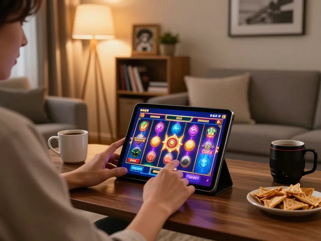 Pemain BOM88 menikmati permainan slot yang menarik di tablet dalam suasana rumah yang nyaman, menekankan permainan yang bertanggung jawab.