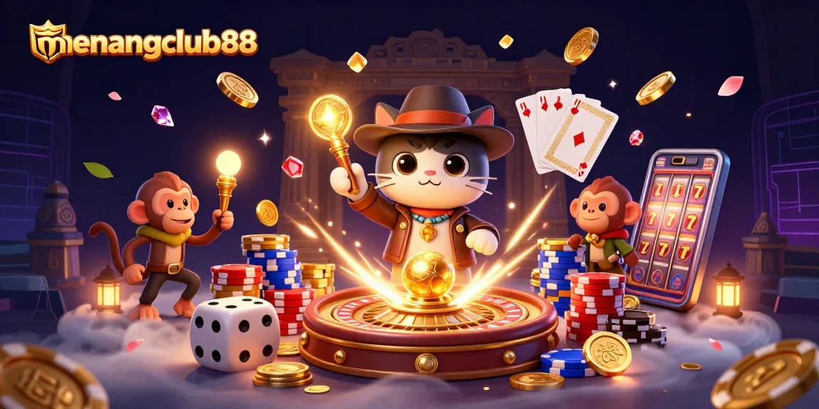 menangclub88 showcases an adventurous scene with an archaeologist cat and treasures in a vibrant casino