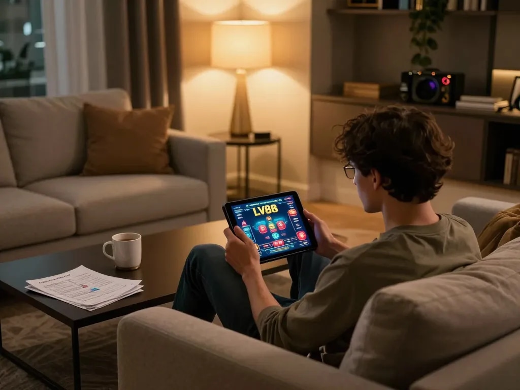 Engaged player enjoying a thrilling LV88 online casino game from home, showcasing stylish interior and vibrant action