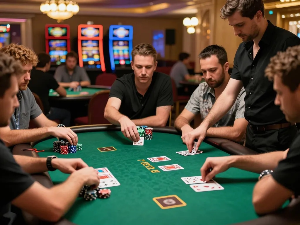 SG777 poker game action with players and dealer in upscale casino