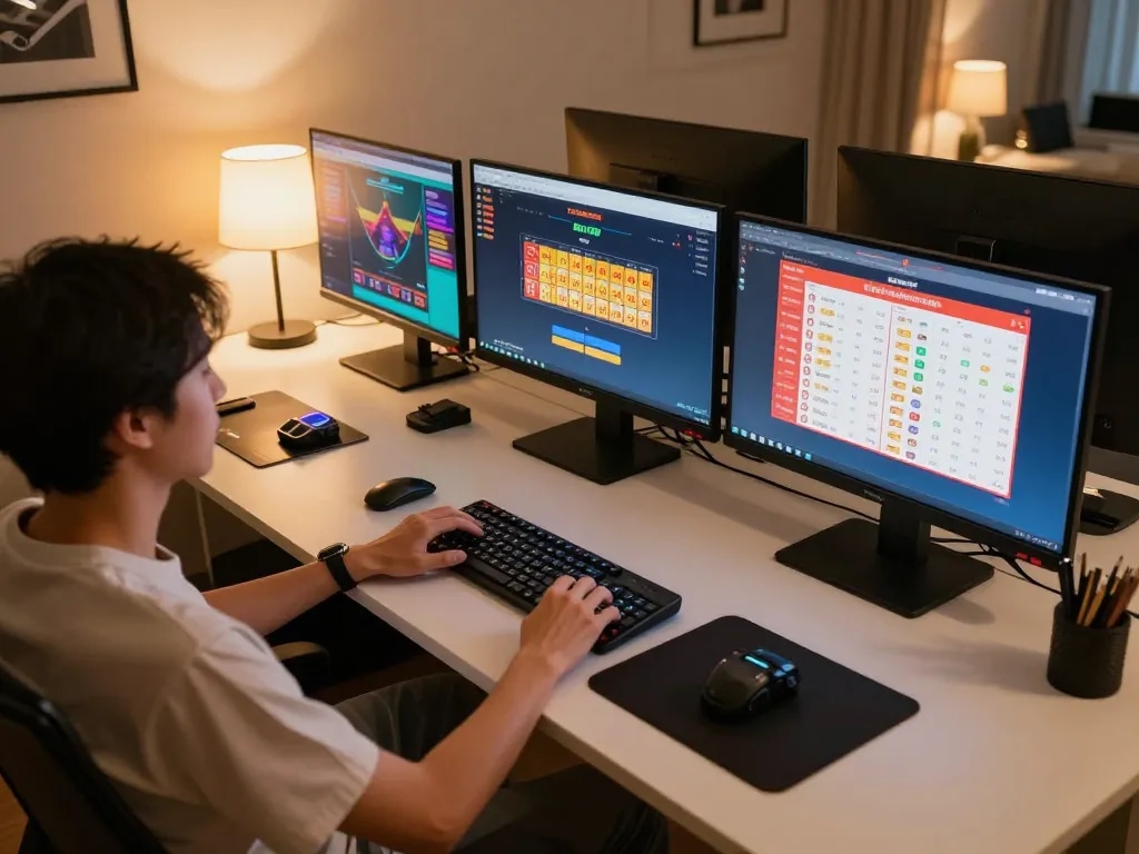 Terlibat dalam taruhan situs togel di rumah dengan pengaturan modern, beberapa layar ditampilkan