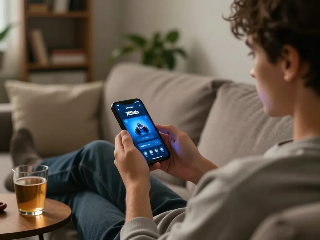 Using the 789win app on a smartphone during a cozy home gaming session with warm ambiance.