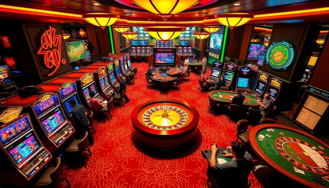 Join the excitement at juragan77's vibrant casino floor filled with slots, poker tables, and roulette action.