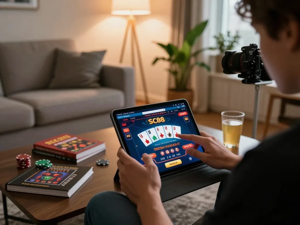 Engaging in betting strategies on the SC88 casino app while relaxing at home, highlighting online gaming.