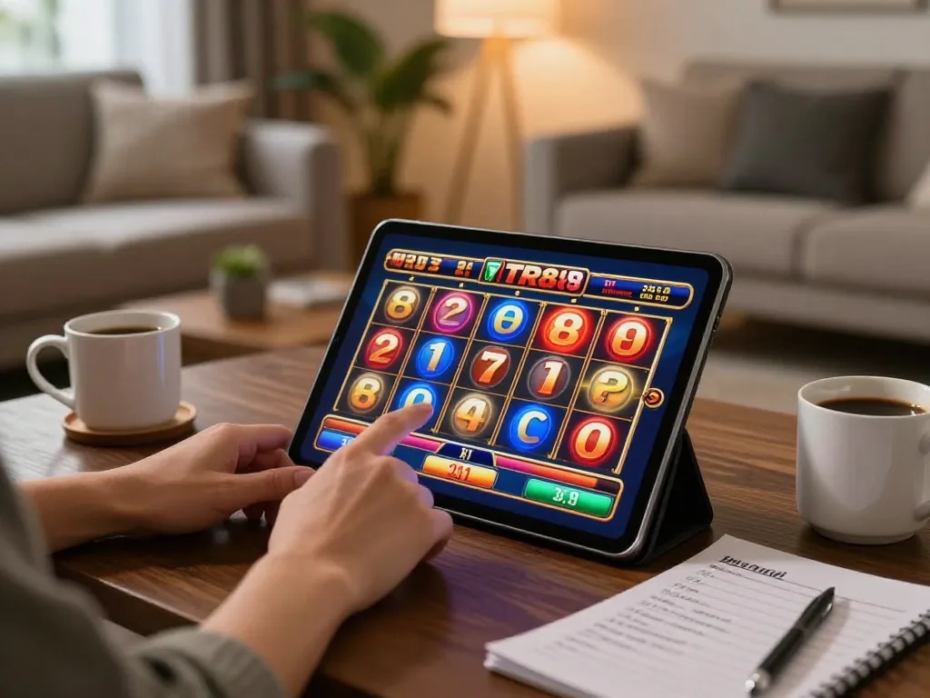Player engaging in TR88 slots on a tablet in a cozy home setting, showcasing the excitement of online gambling.