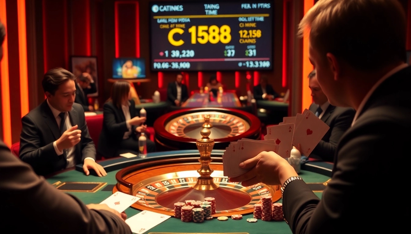 Excited gamblers engaging at C168's roulette table in a luxurious casino setting.