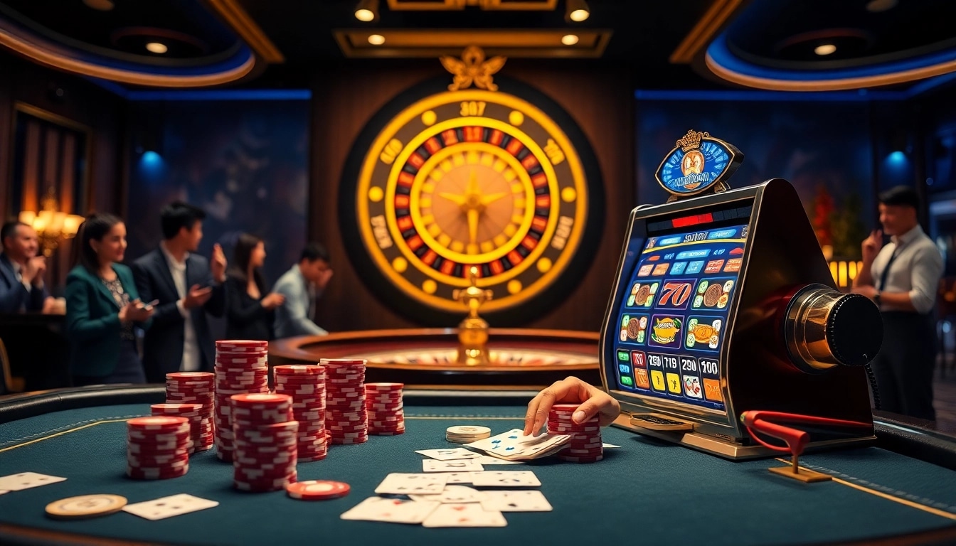 Engaging scene of TRANG CHỦ NOHU90 featuring casino tables, vibrant slot machines, and enthusiastic players.