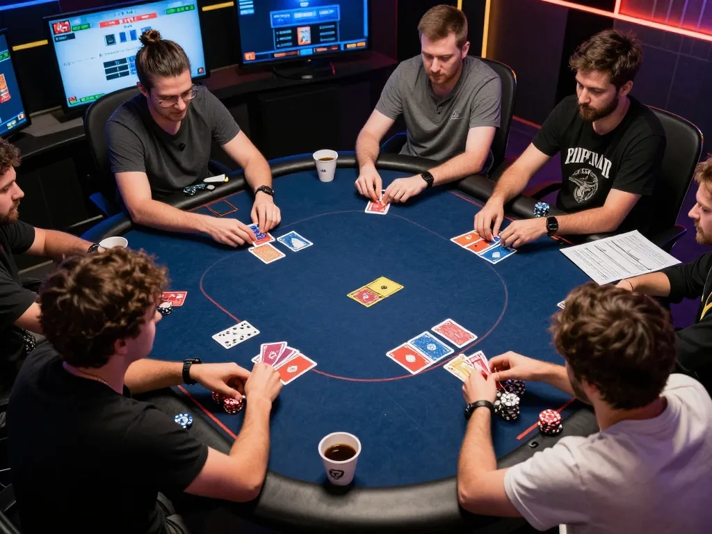 Players strategizing in an online poker game on lc888 with digital cards and betting options visible.