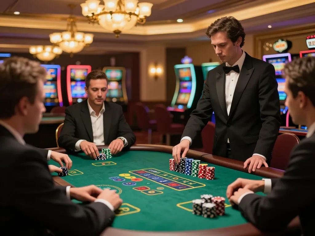 Tg88 blackjack players strategizing bets at an upscale casino table with vibrant ambiance.