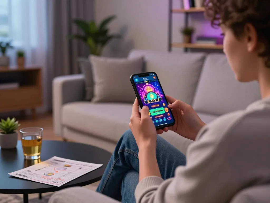 Player enjoying FAFA828 mobile casino app in a cozy home setting with strategy notes