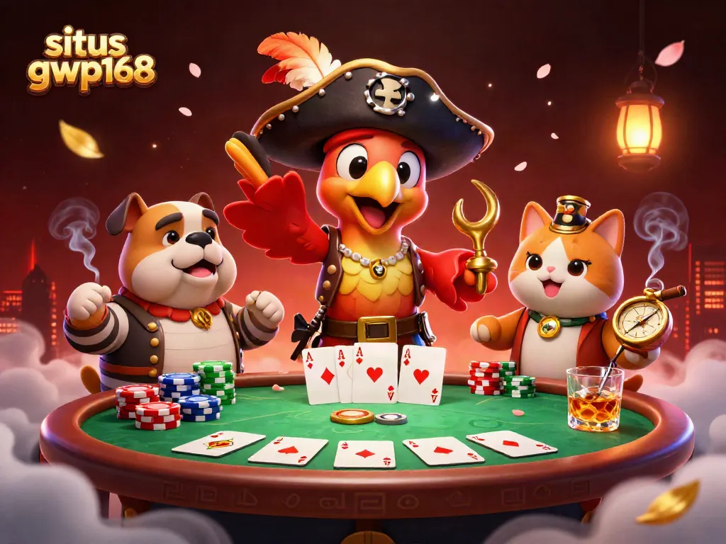 Permainan situs gwp168 dengan karakter pahlawan kasino dan elemen poker yang menarik.