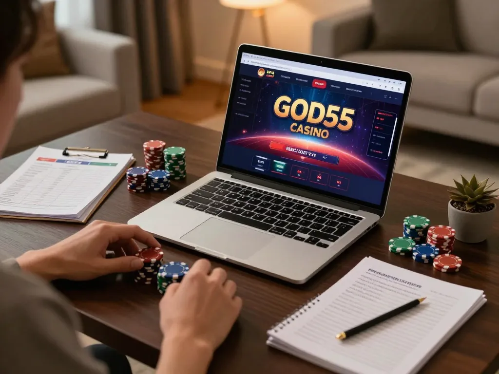 Engaging player using god55 casino website on laptop for immersive online gaming experience.