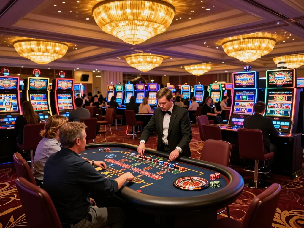 Players engaging in thrilling gameplay at du88 casino floor showcasing lively slot machines and roulette table.