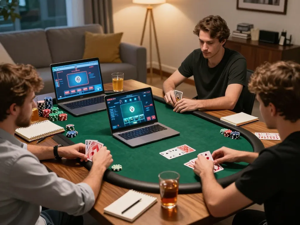 cm88 players enjoying online poker game at home with chips and strategy notes on the table
