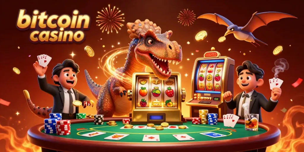 Experience the thrill of a bitcoin casino with a vibrant scene of cartoon dinosaurs, gold coins, and dynamic casino elements.