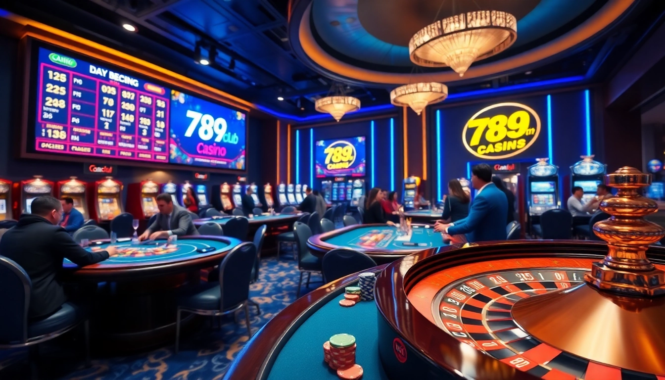 Players enjoying thrilling games at 789club's upscale casino, showcasing excitement and luxury.