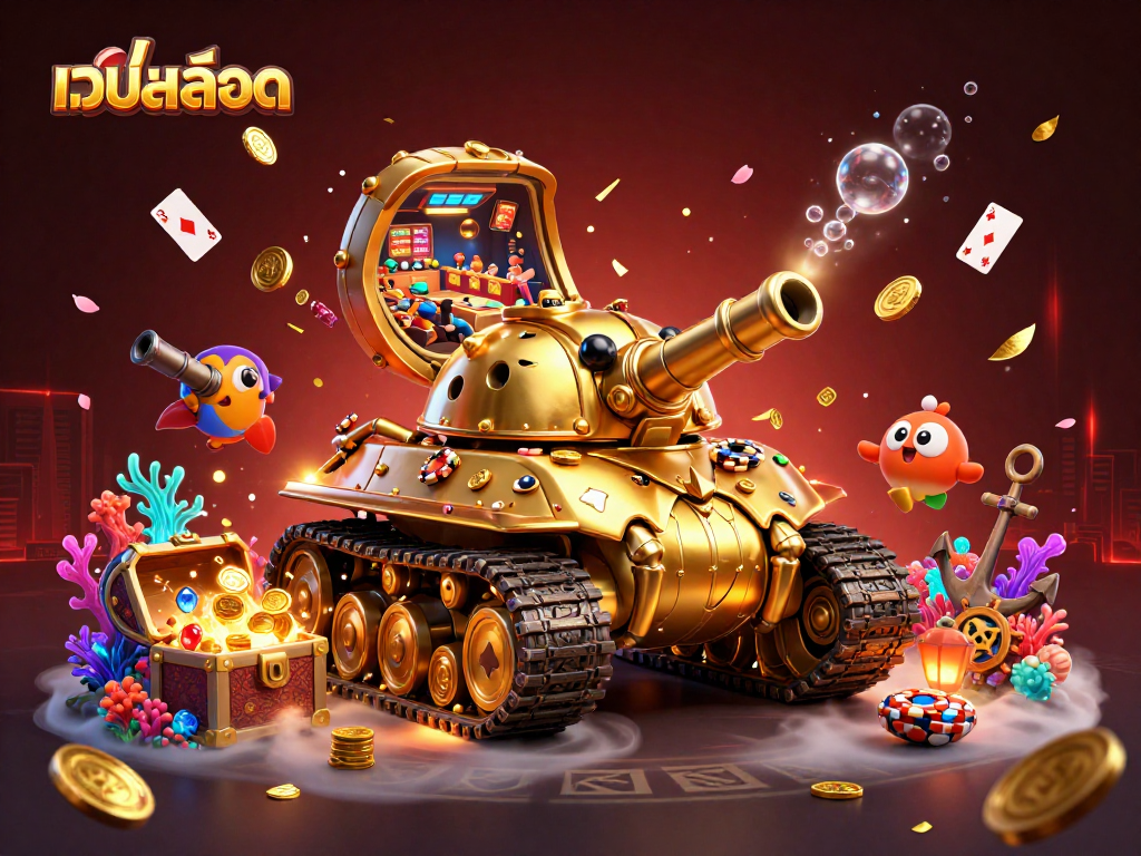 Experience เว็บสล็อต thrilling play with a golden beetle tank revealing a vibrant casino scene.