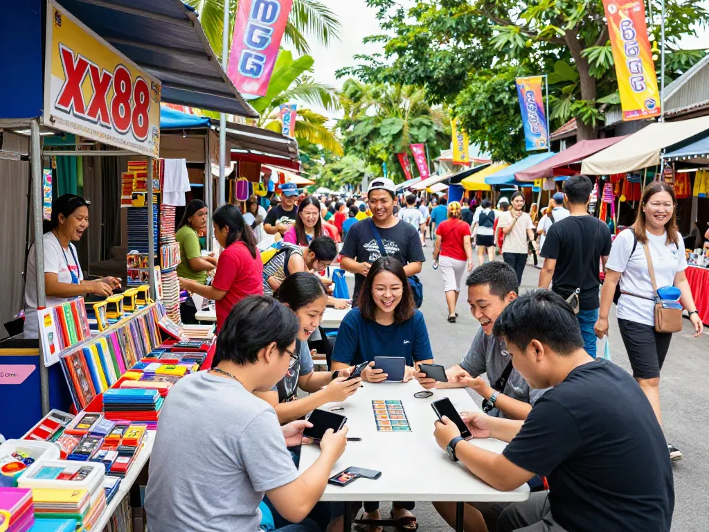 A lively street market scene highlighting gaming culture with visitors engaging around an xx88 booth.