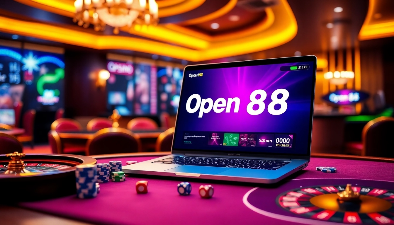 A gambler engages with the Open88 online platform, showcasing casino elements like poker chips, dice, and a roulette wheel.