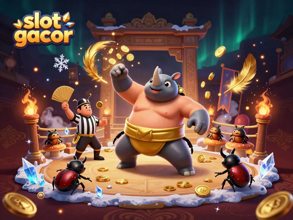 Experience thrilling slot gacor action with cartoon beetle champions in a vibrant casino scene.