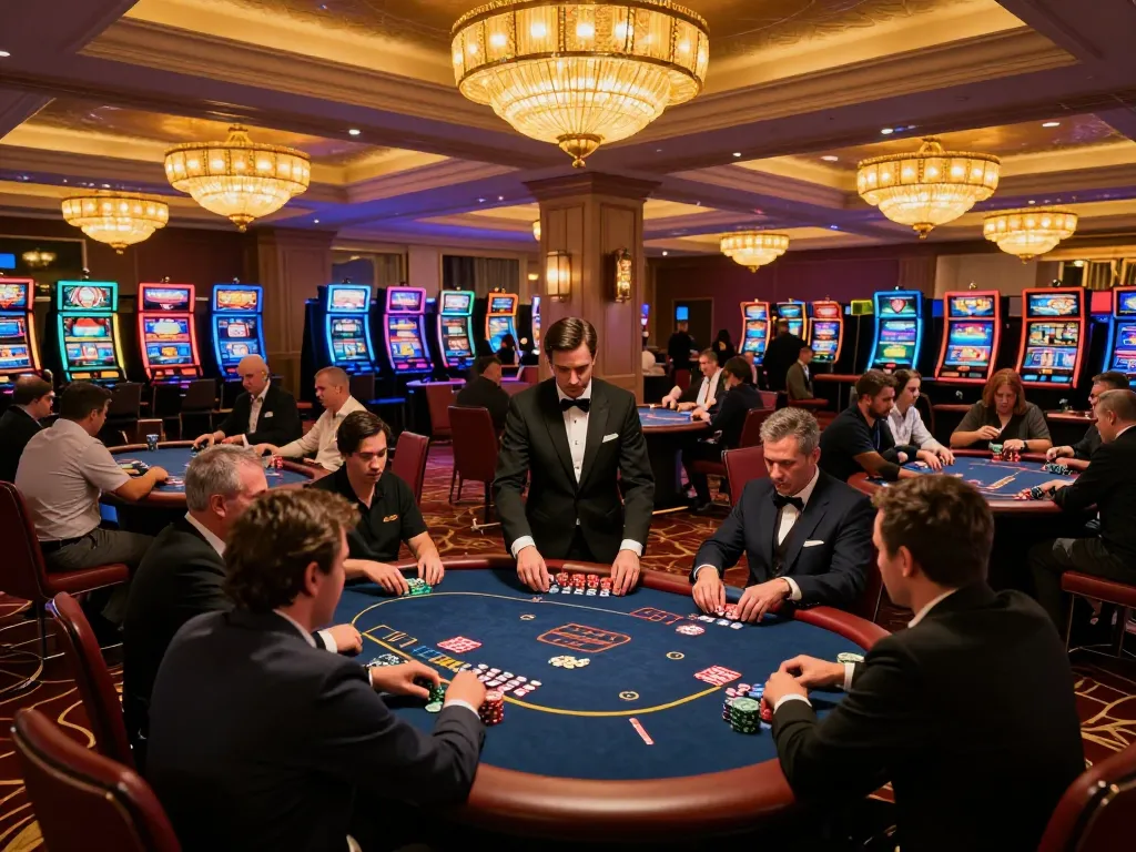Engaged players at poker tables in a luxury casino, showcasing a vibrant links 모음 atmosphere and strategic gameplay.