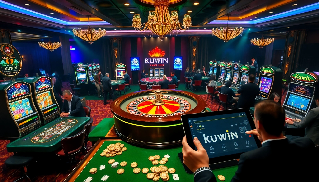 Experience the excitement of kuwin gaming with vibrant casino visuals featuring roulette, poker tables, and slot machines.