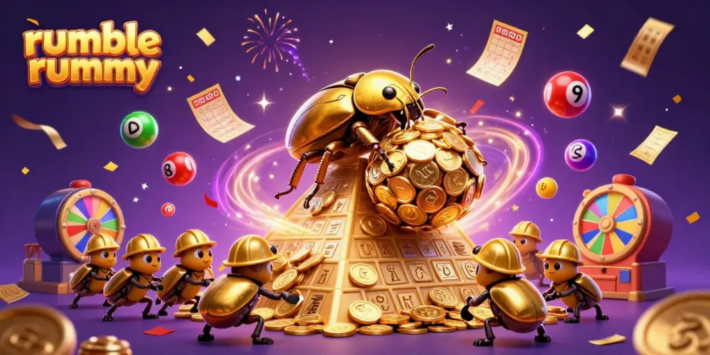 Engage in exciting gameplay with Rumble Rummy as golden coins and colorful lottery balls dynamically fill the scene.