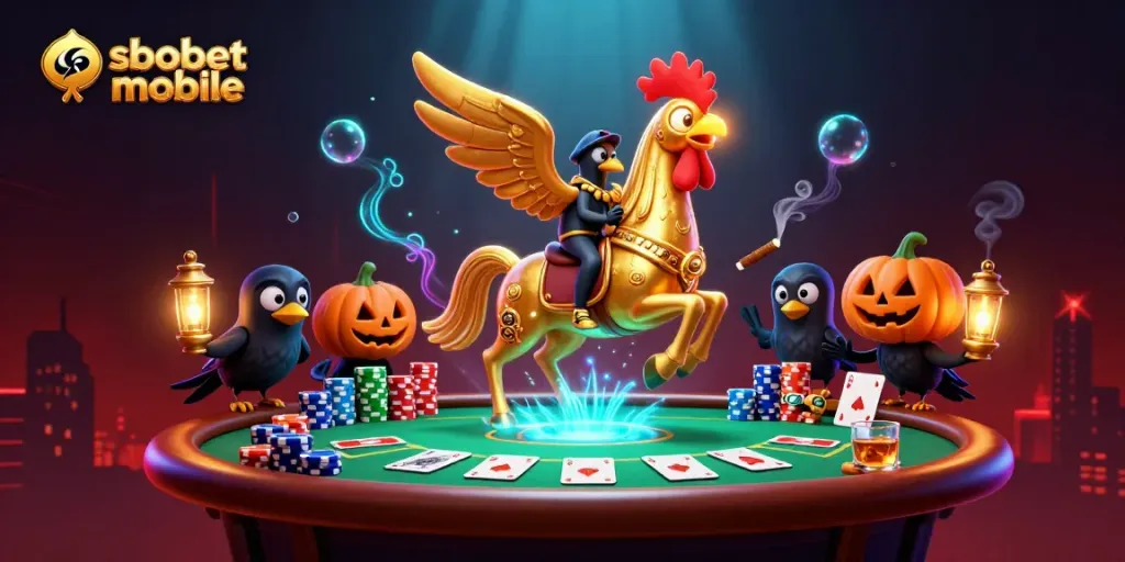Experience sbobet mobile excitement with a golden rooster and spectral horse in a vibrant casino scene.