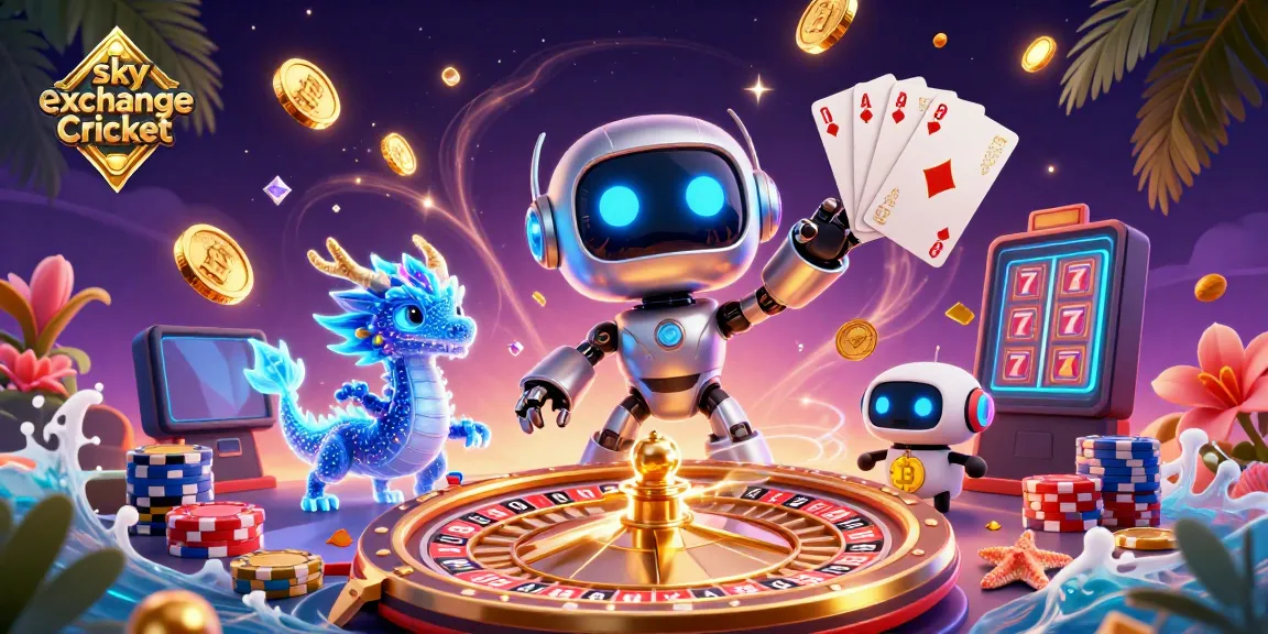 Engage with sky exchange Cricket through an energetic 3D illustration showcasing futuristic characters and vibrant casino elements.