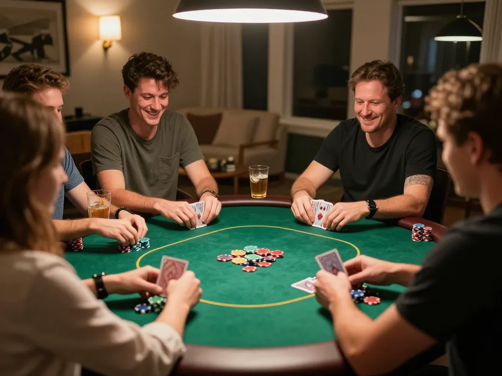 Players enjoying a lively poker game at home, cm88 themed atmosphere with chips and cards visibly in action.