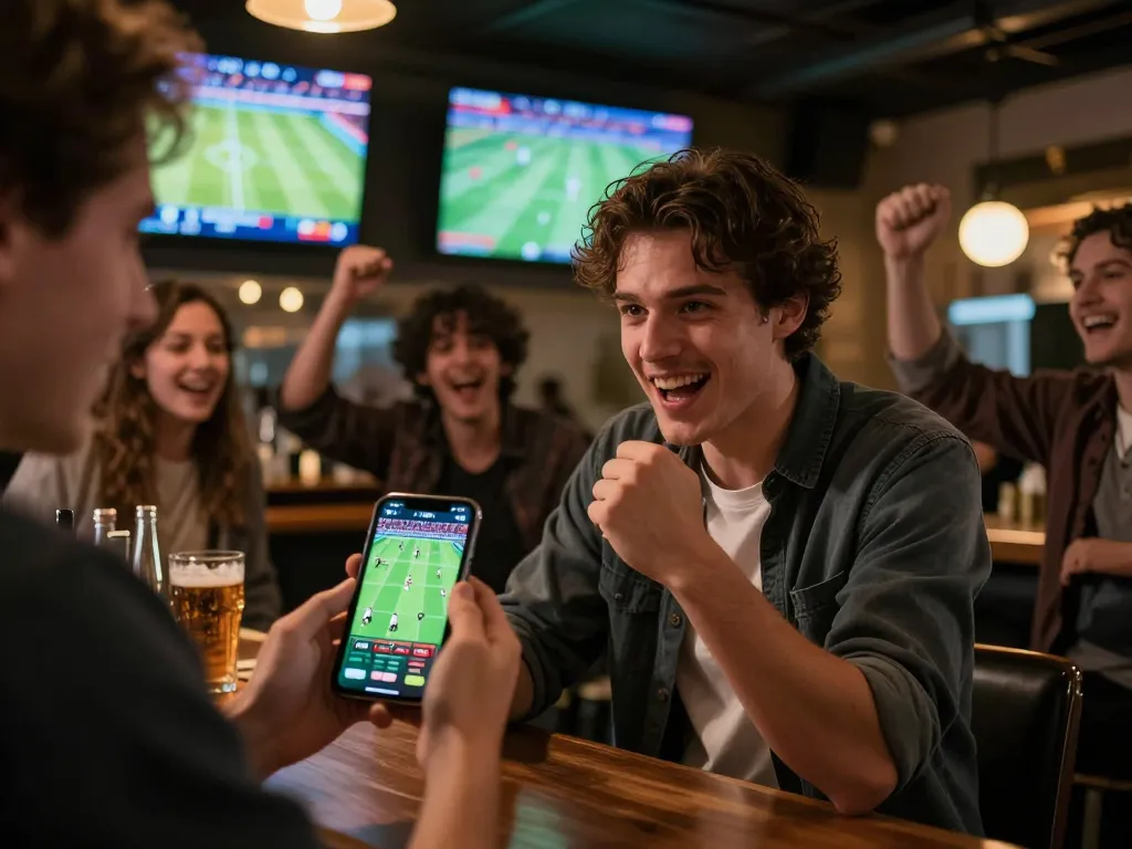Person using the hi88 app to place live sports bets in a lively bar atmosphere.