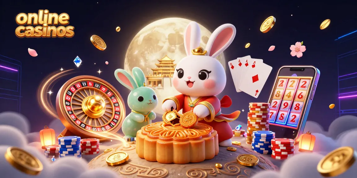 Experience online casinos with a moon rabbit creating treasure from golden mooncakes and poker chips.