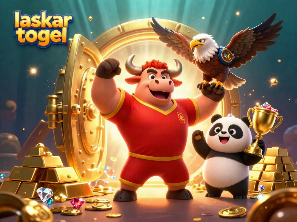 Celebrate wins with laskar togel in an exciting casino scene featuring animated mascots and treasure.