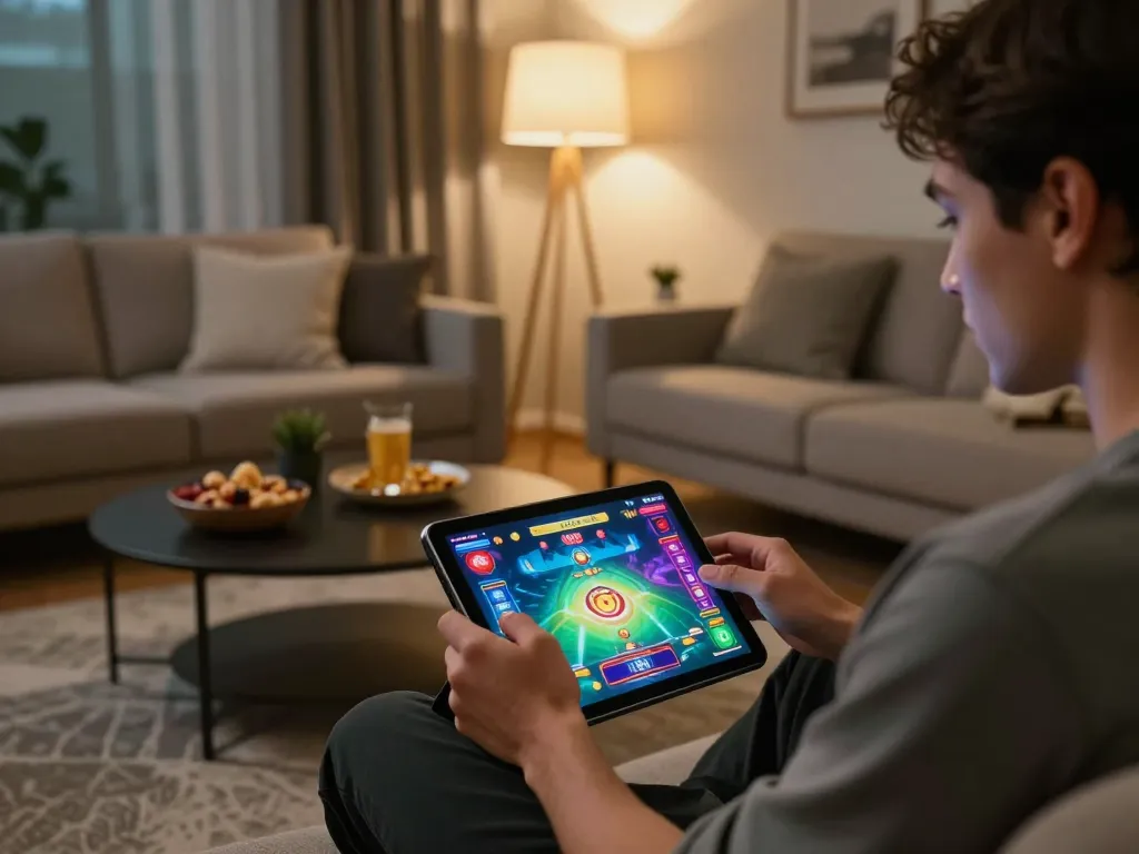 Engaged user playing FC88 mobile casino on tablet in a cozy living room setting